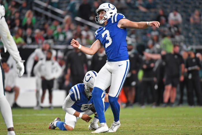 Indianapolis Colts place kicker Lucas Havrisik (3) against the Philadelphia Eagles at Lincoln Financial Field.